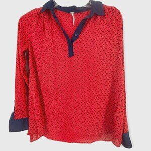 Free People Blouse XS Novelty Print Horse Print Boyfriend Blouse Red Blue Career